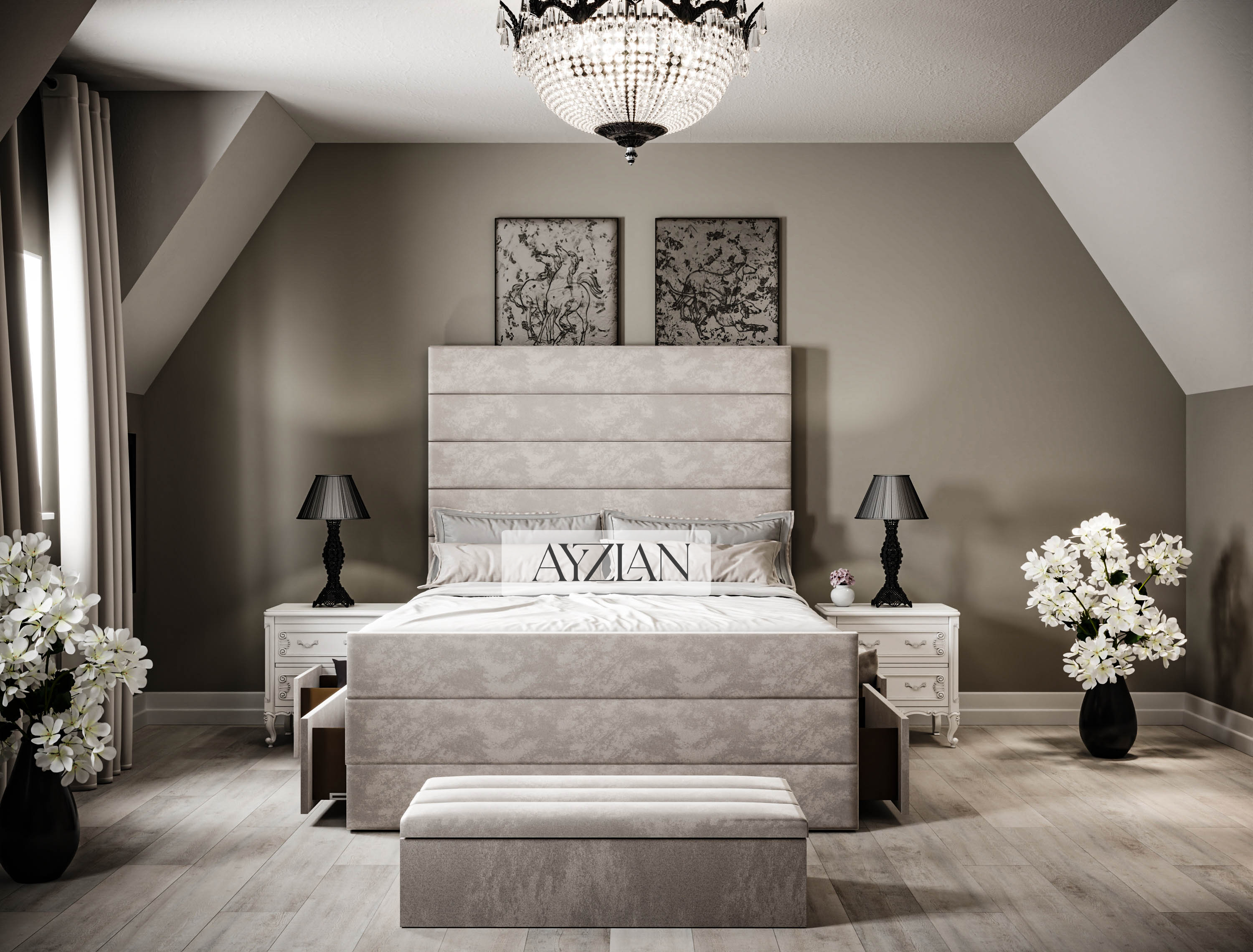 Willow Wide Headboard Upholstered Line Panel Storage Divan Drawer Bed