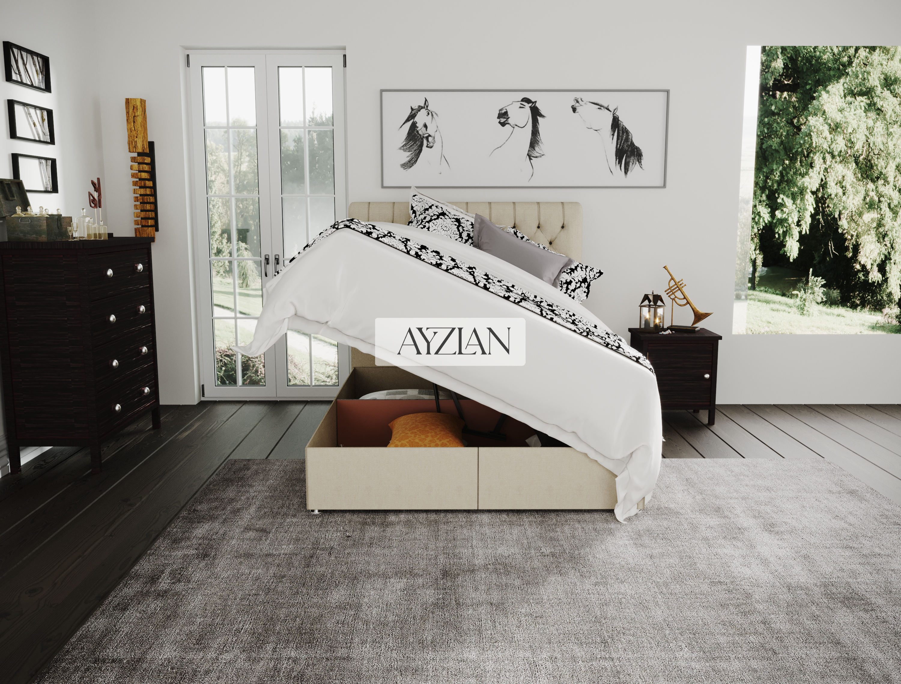 Lennon Chesterfield Sleigh Scroll Divan Ottoman Storage Bed