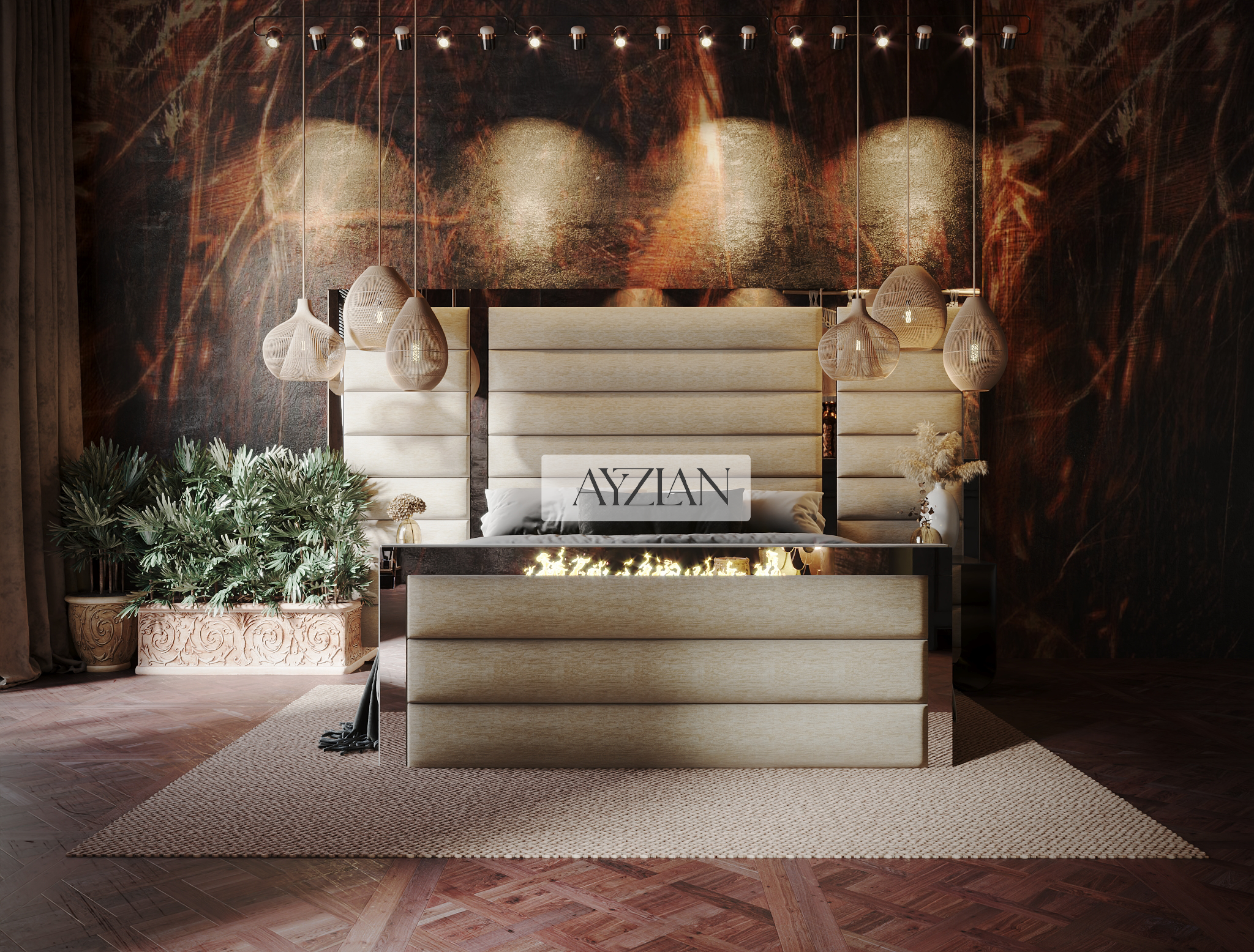 Devon Wide Extended Headboard Mirror Stripe Line Panelled Bed