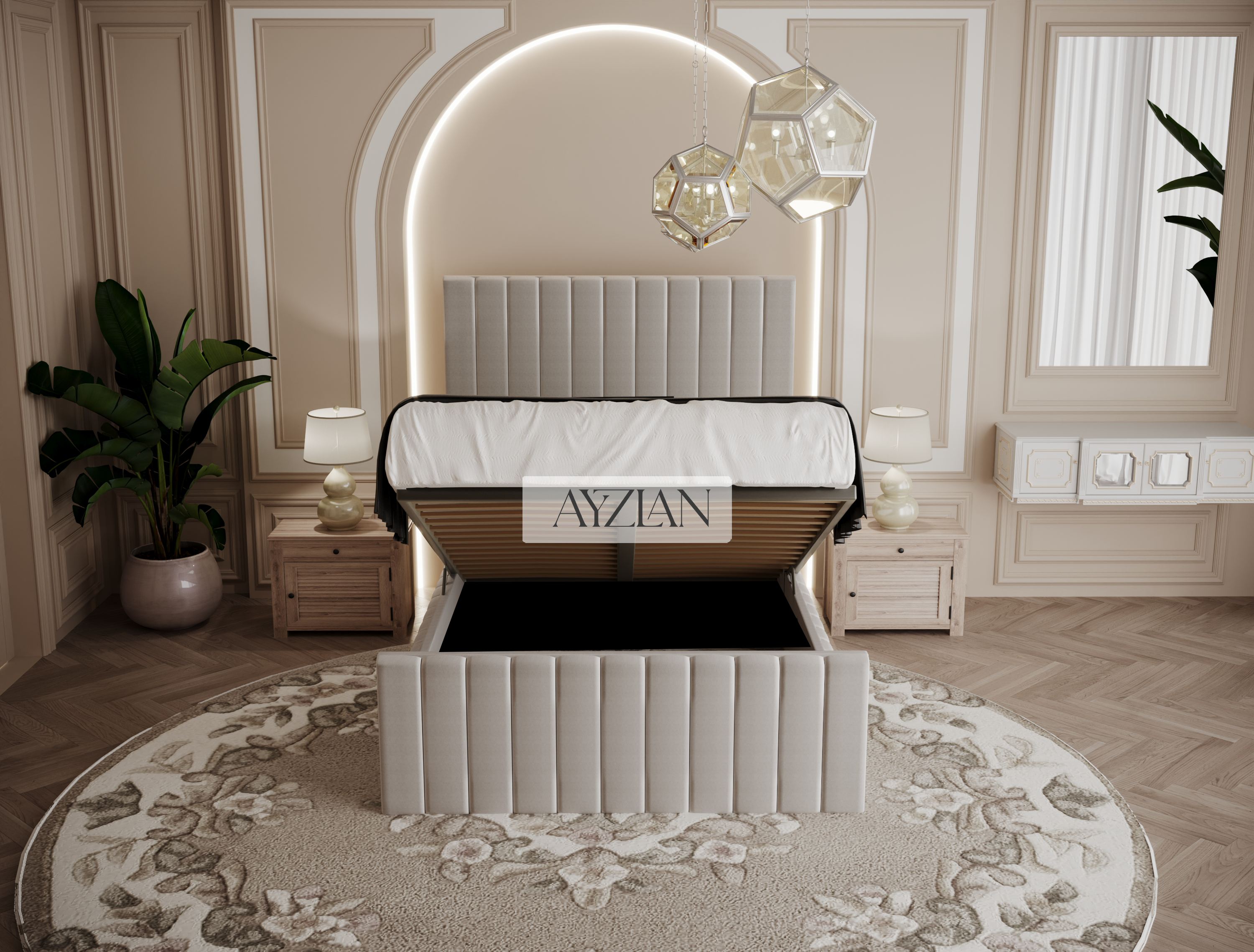 Merry Wide Headboard Panelled Stripe Bed