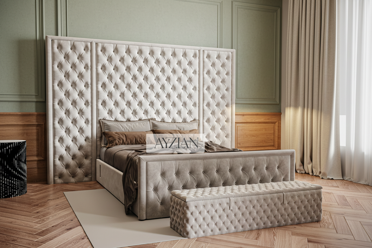 Stace Bumber Style Wide Headboard Fabric Chesterfield Bed