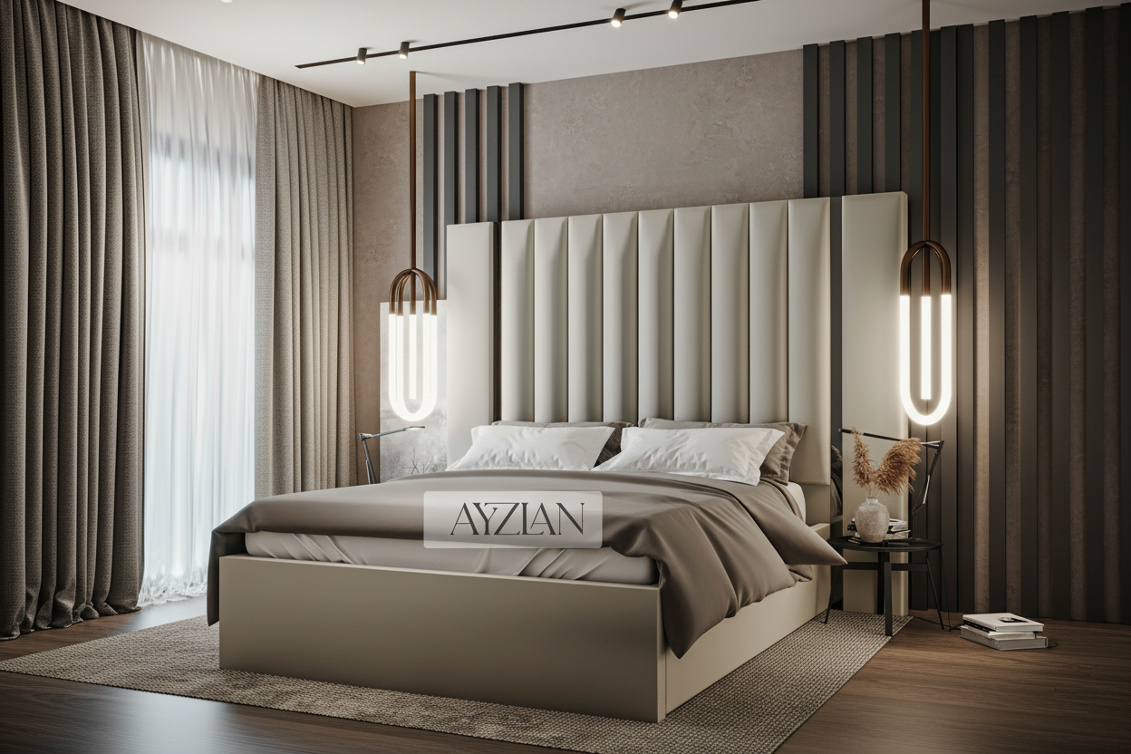 Arden Wide Extended Headboard Mirror Stripe Panelled Bed