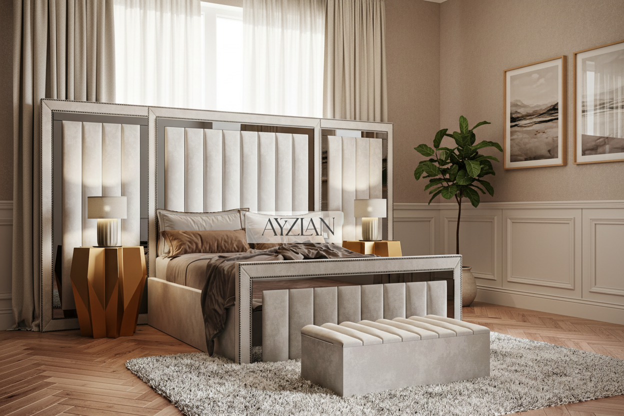 Madison Wide Extended Headboard Mirror Stripe Panelled Bed