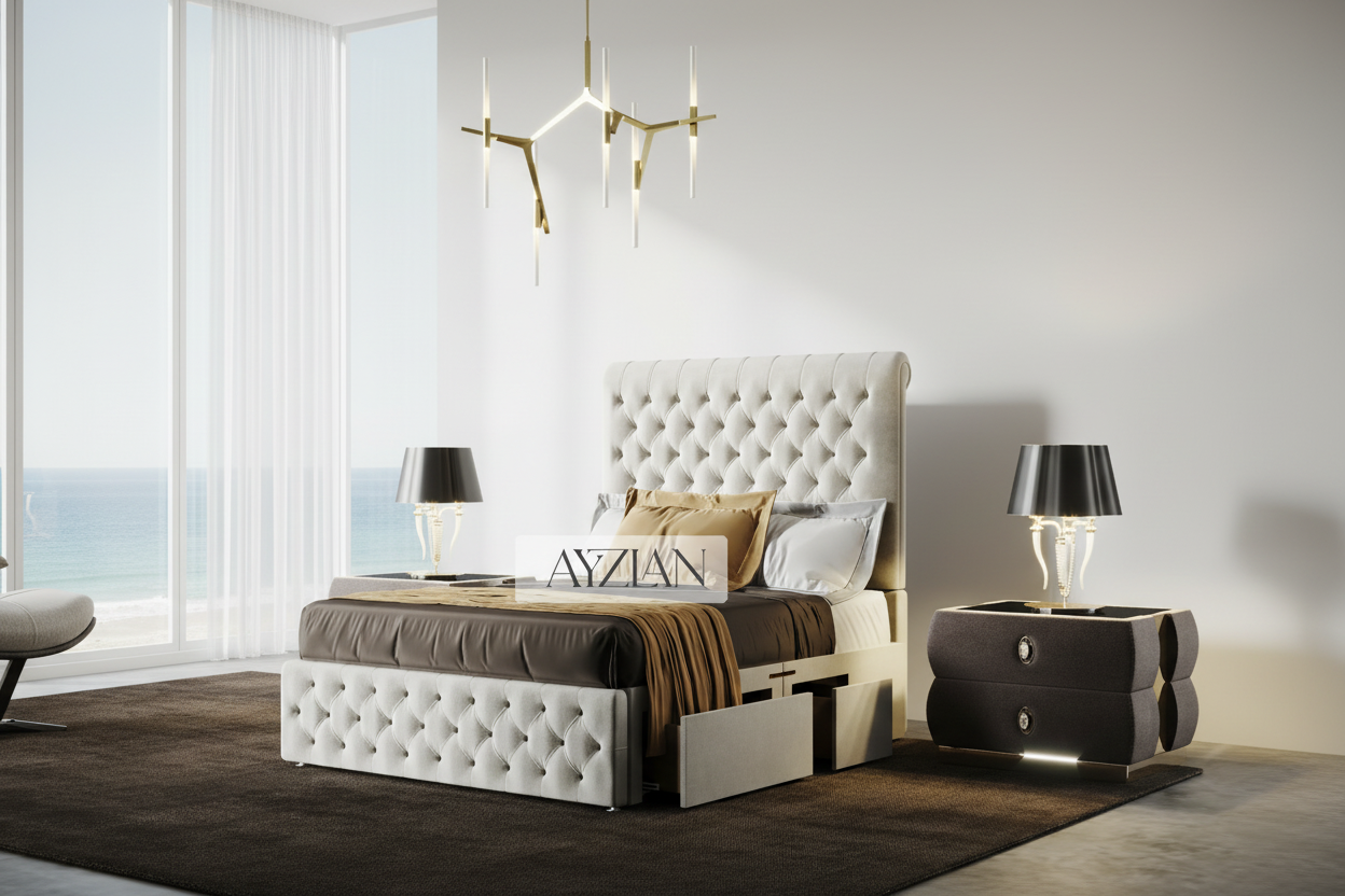 Oscar Designer Sleigh Scroll Storage Drawer Divan Bed