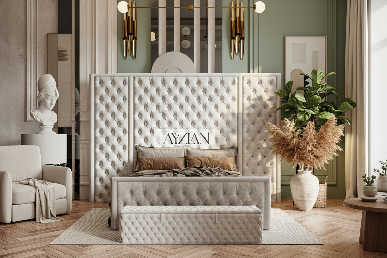 Stace Bumber Style Wide Headboard Fabric Chesterfield Bed