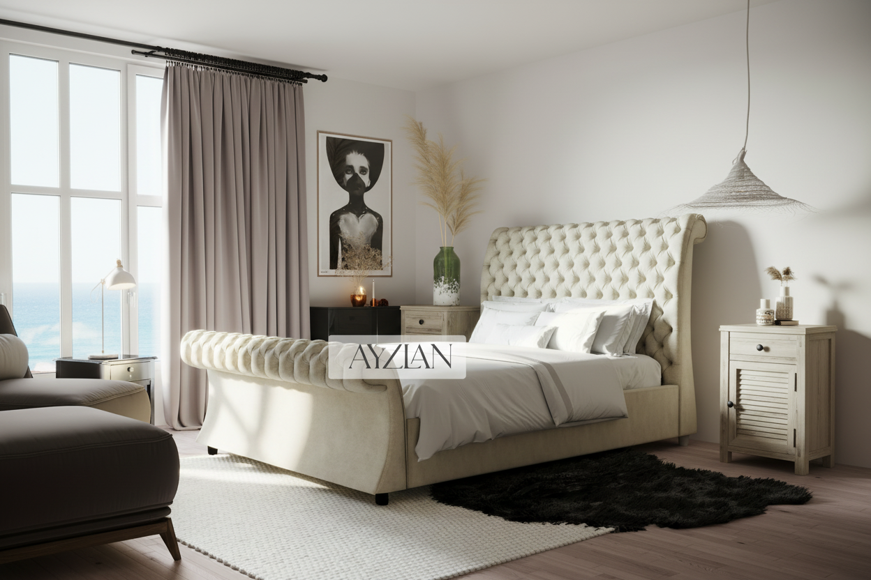 Millie Curve Foot Style Chesterfield Scroll Sleigh Bed