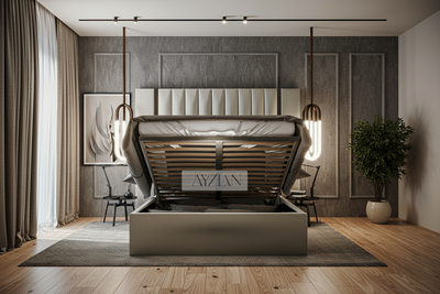 Arden Wide Extended Headboard Mirror Stripe Panelled Bed