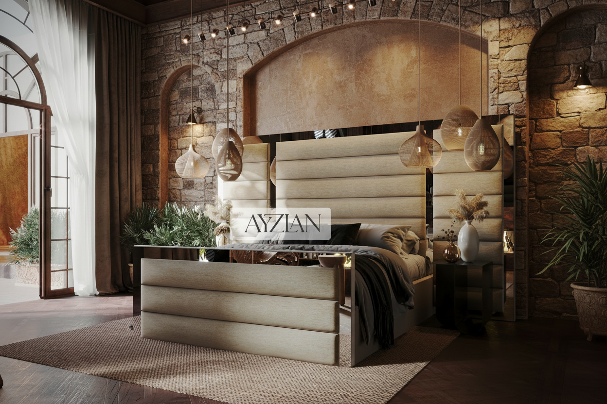 Devon Wide Extended Headboard Mirror Stripe Line Panelled Bed