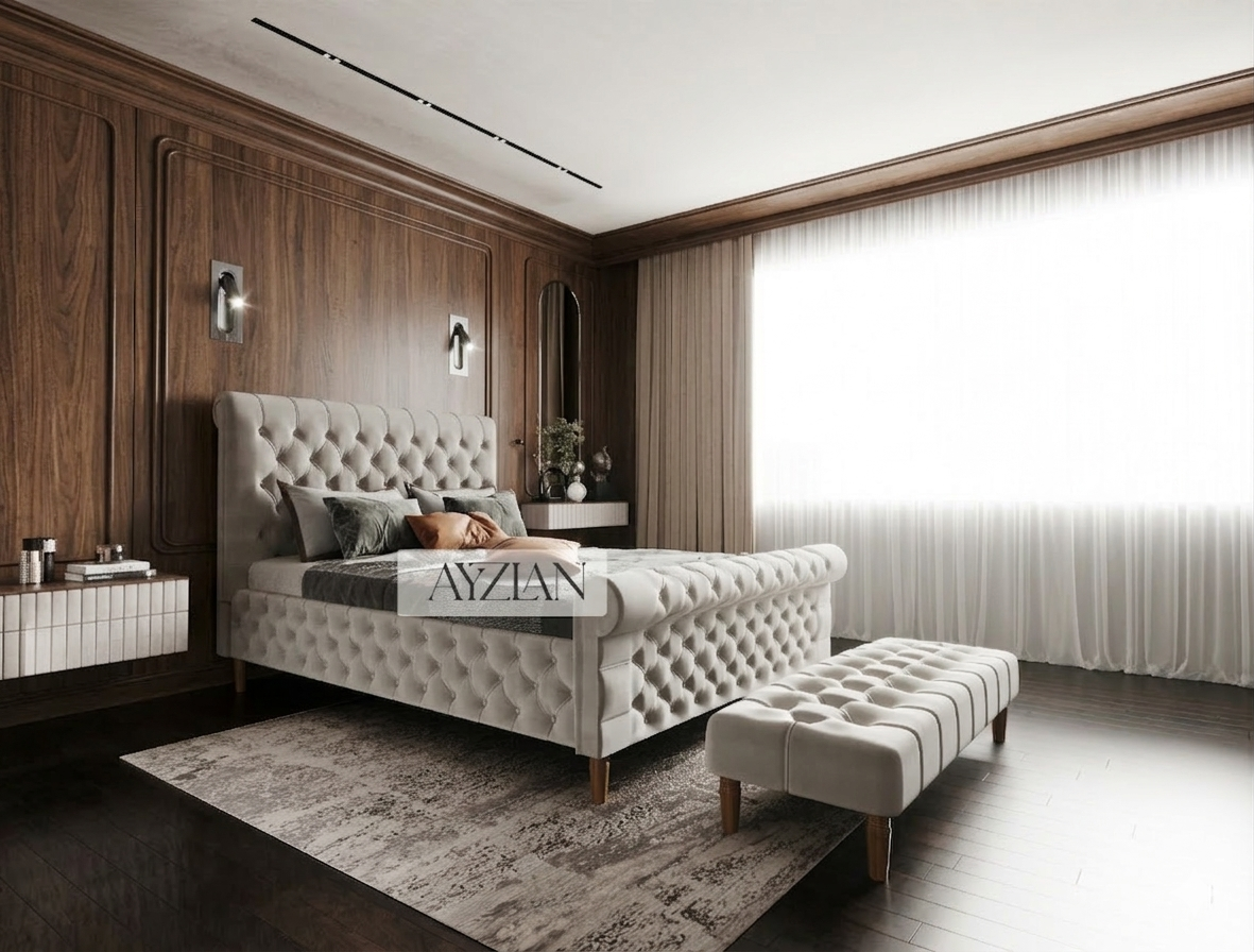 Dawson Upholstered Chesterfield Scroll Sleigh Bed