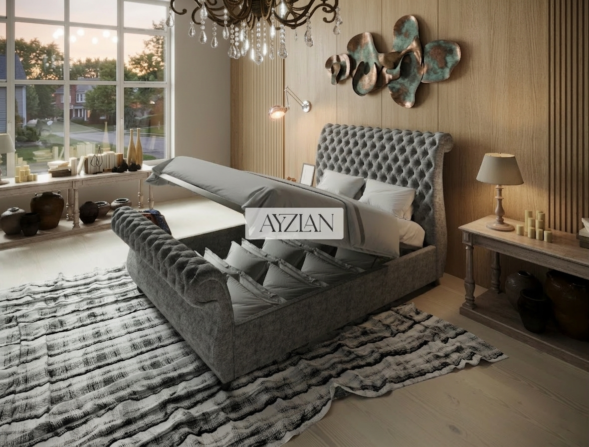 Alice Swan Style Chesterfield Scroll Sleigh Bed