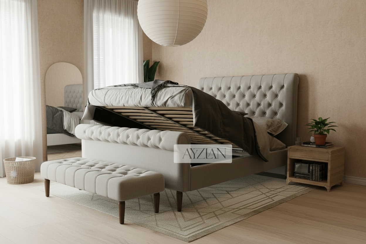 Zoe Chesterfield Scroll Sleigh Bed