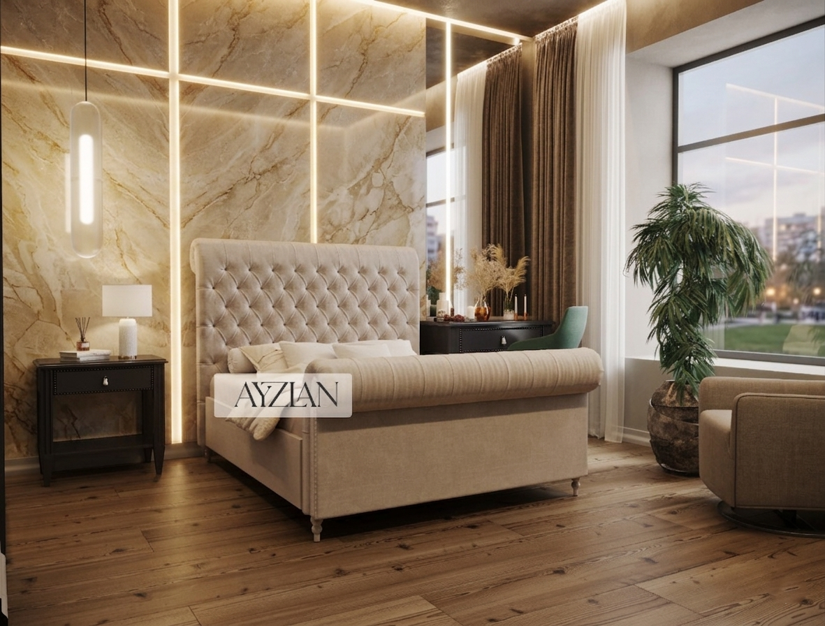 Rio Chesterfield Sleigh Stripe Scroll Bed