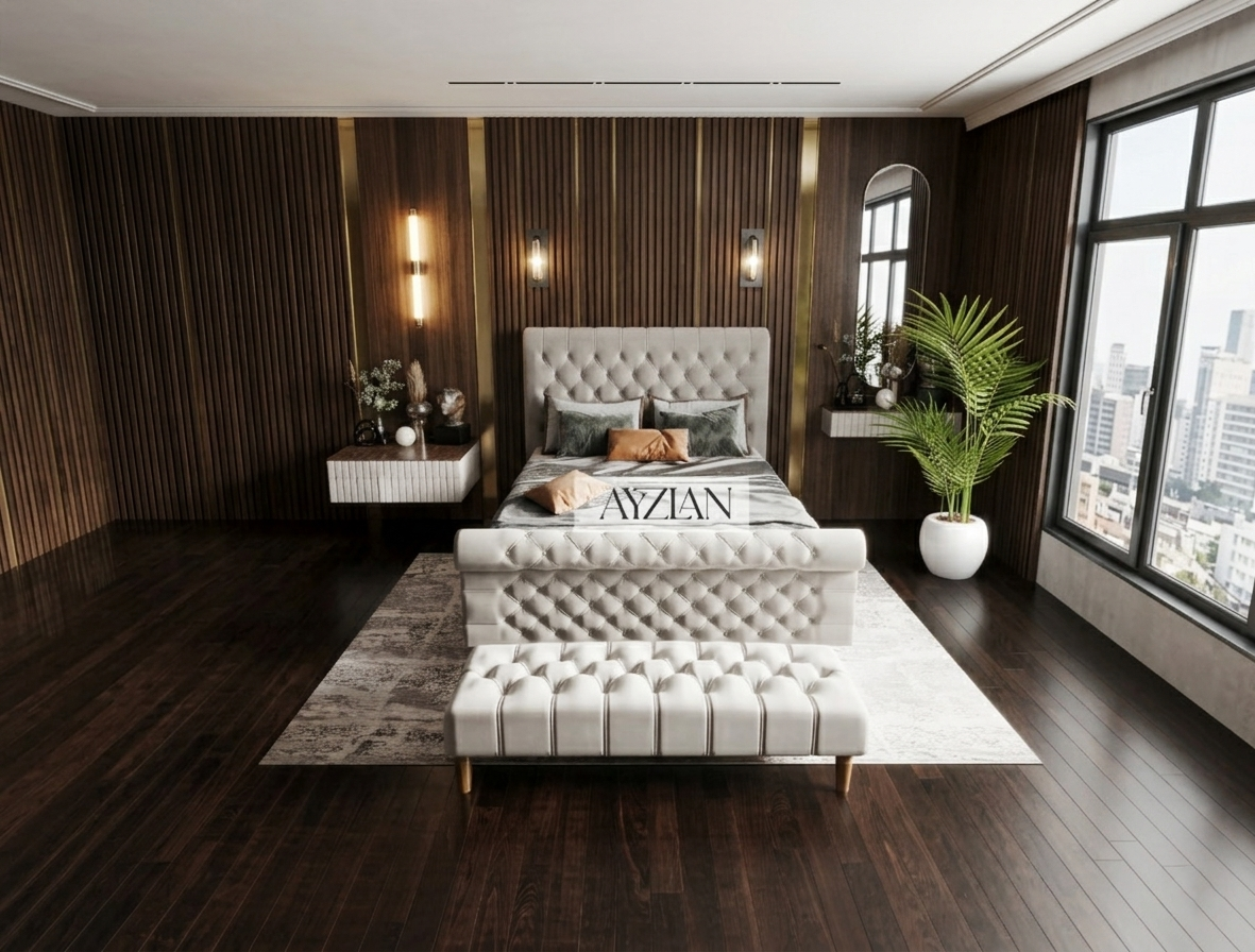 Dawson Upholstered Chesterfield Scroll Sleigh Bed