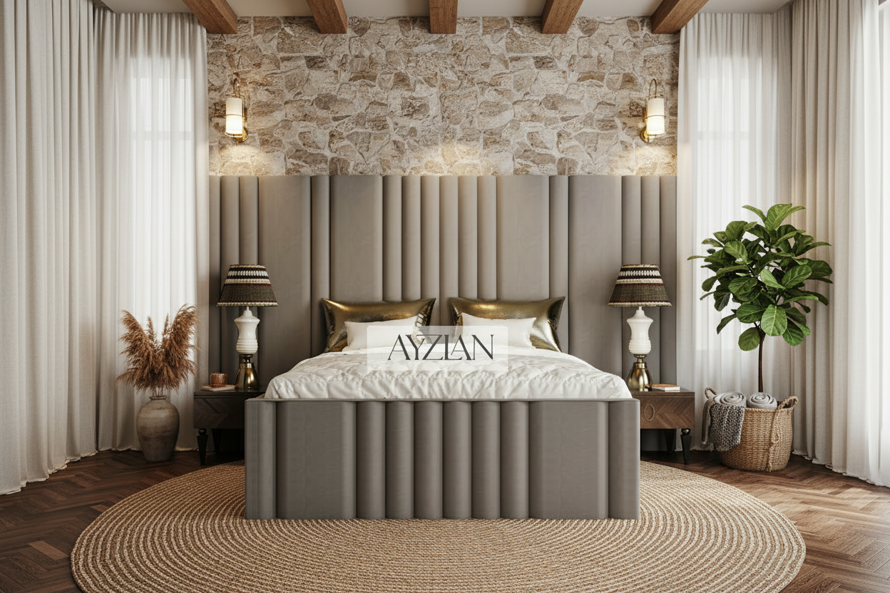 Bentley Wide Headboard Panelled Stripe Bed