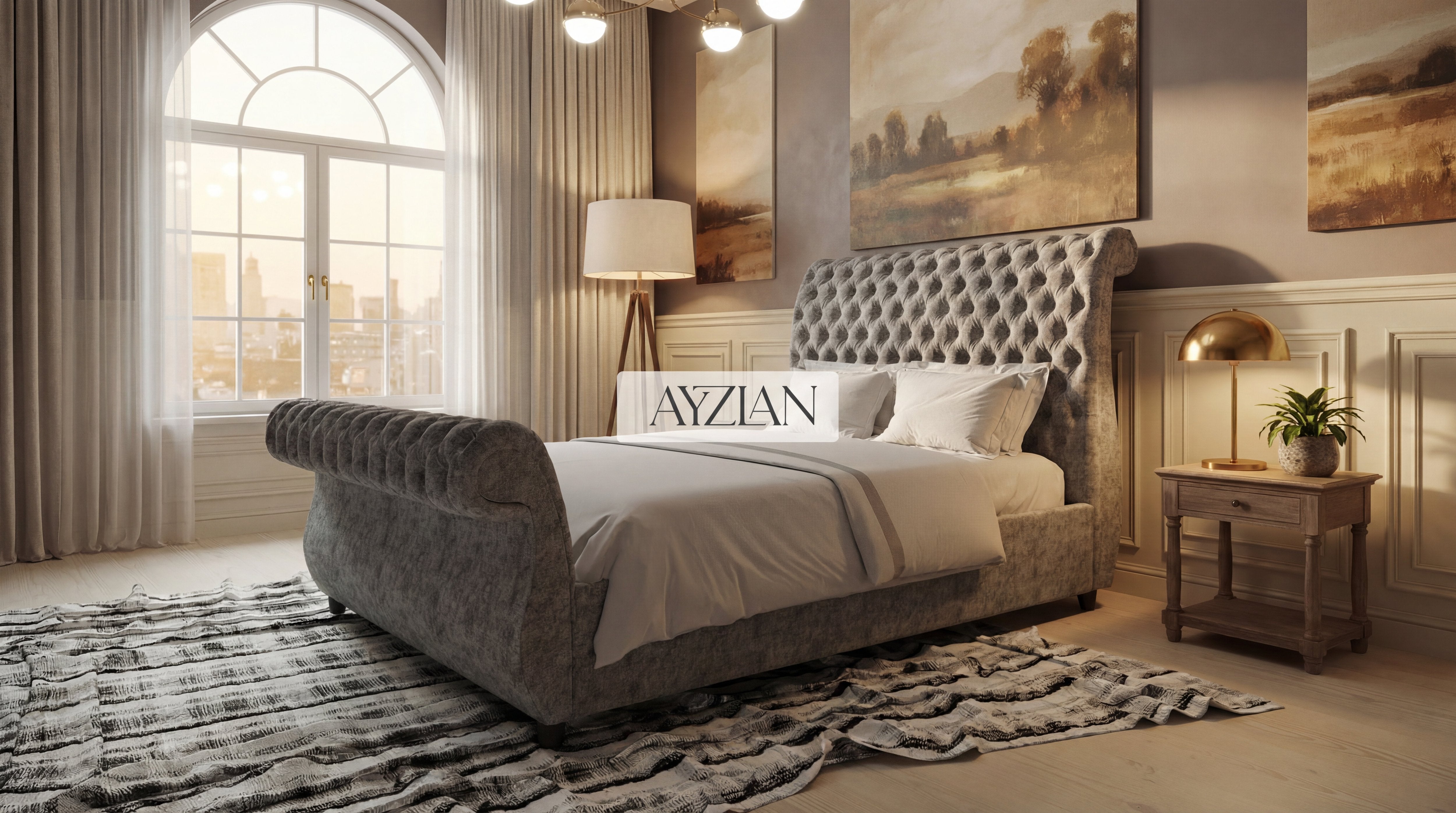 Alice Swan Style Chesterfield Scroll Sleigh Bed