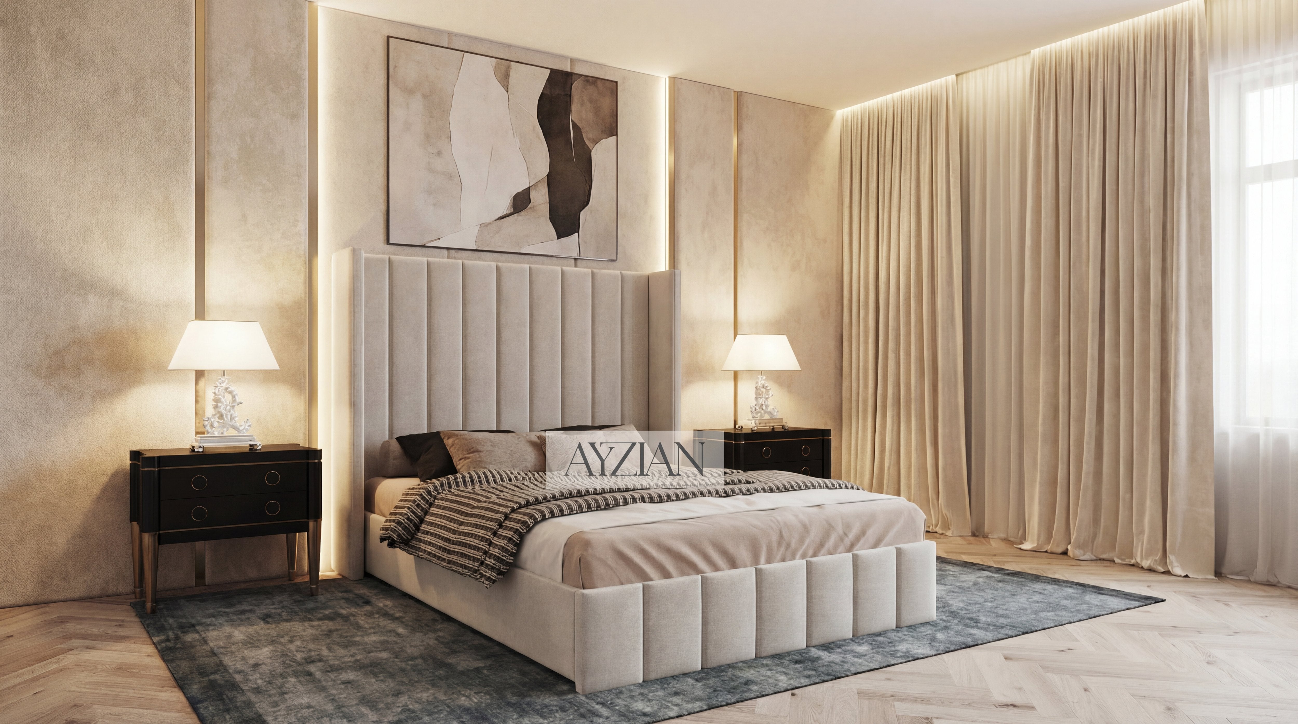 Walden Tall Headboard Winged Stripe Bed