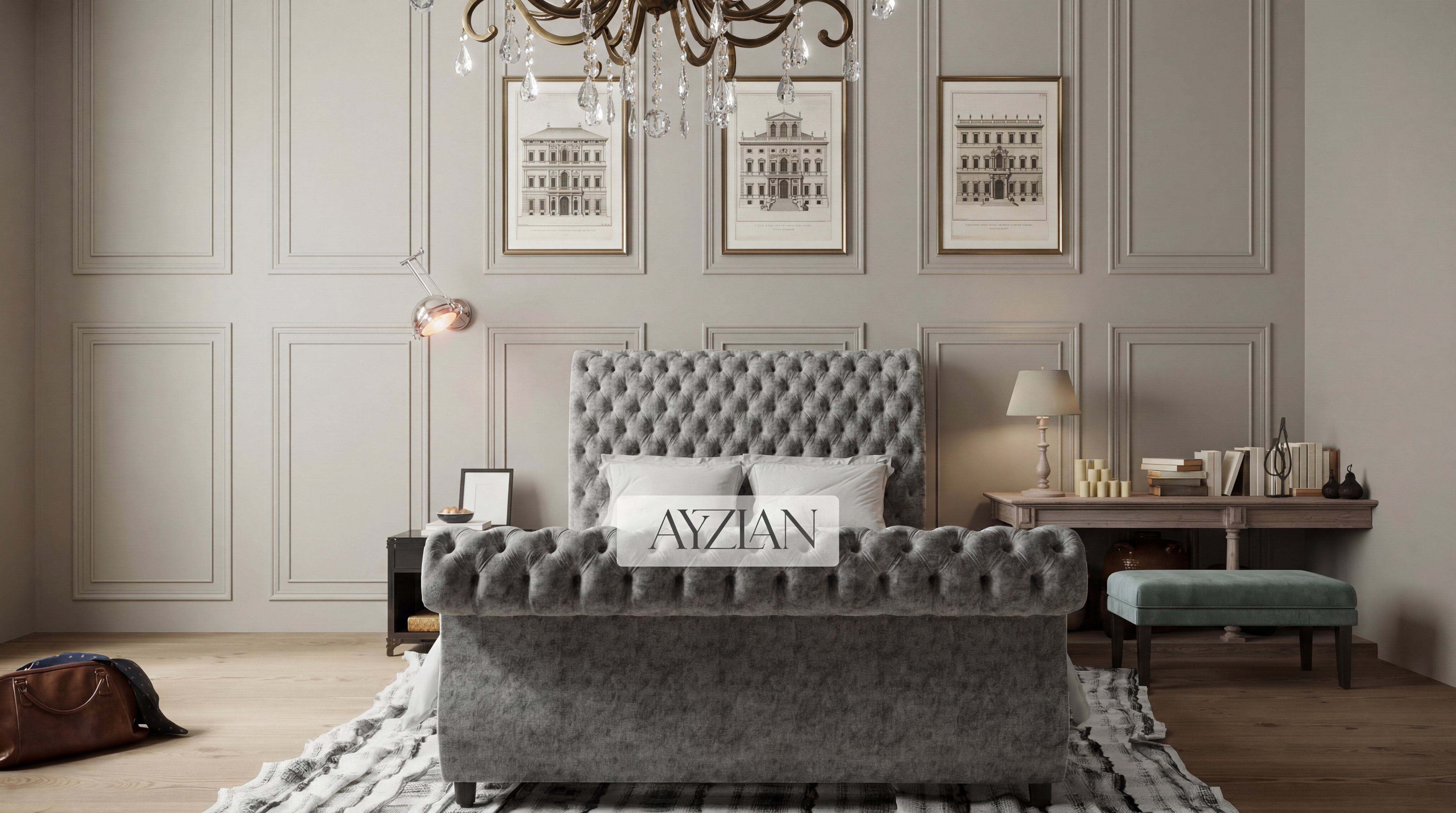 Alice Swan Style Chesterfield Scroll Sleigh Bed